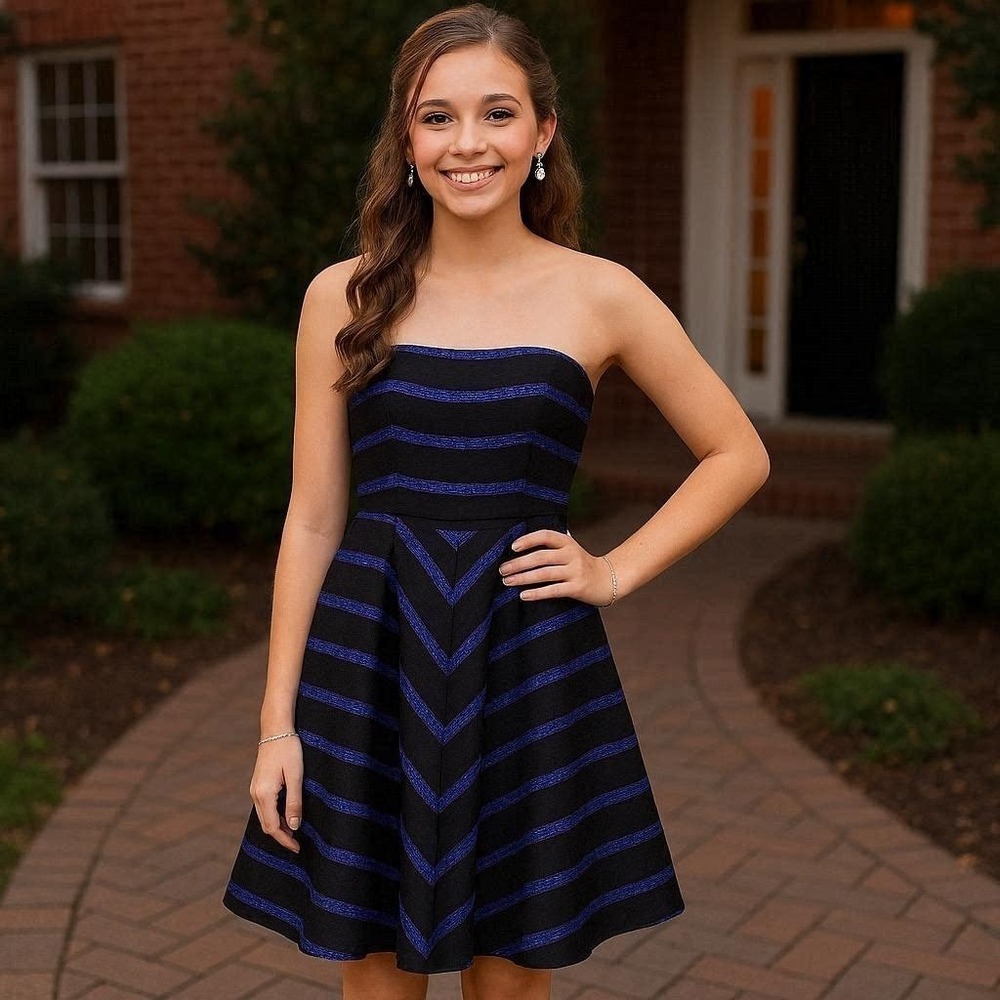 Halston Heritage blue black striped strapless mini dress glitter accents 2 (XS)